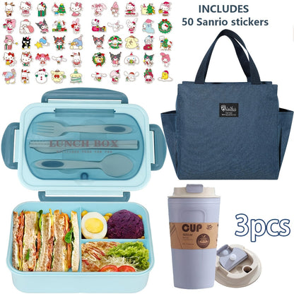 Sanrio Lunch Box Set 53pcs Bento Box with Thermal Bag Breakfast Cup Portable Sealed Compartment Microwave for Work Picnic School