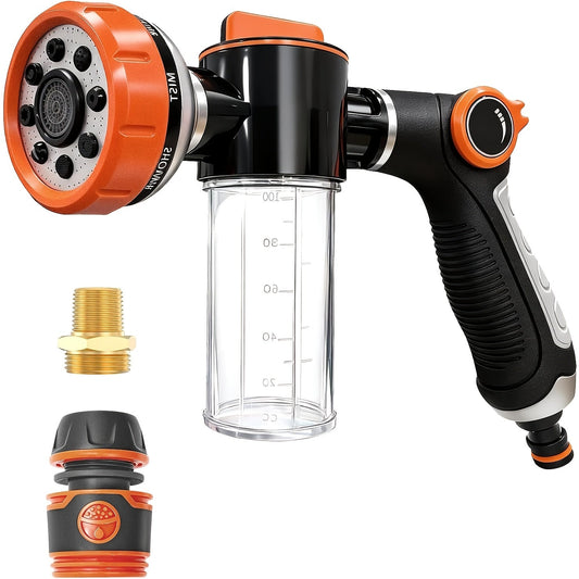 Dog Wash Hose Attachment 8-in-1 Spray Nozzle with 100cc Soap Dispenser - Pet Shower Sprayer for Bathing Dogs, Car Wash & Garden Watering
