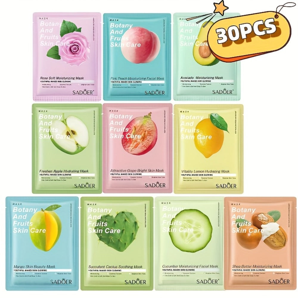 Thirty-Piece SADOER Sheet Mask Assortment with Individually Packed Fruit and Rose Pouch Labels