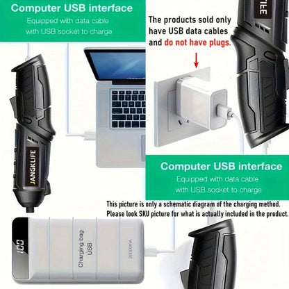 Sixteen-Piece Electric Screwdriver Set, 90-Degree Rotatable Cordless Driver with 1200mAh Rechargeable Battery