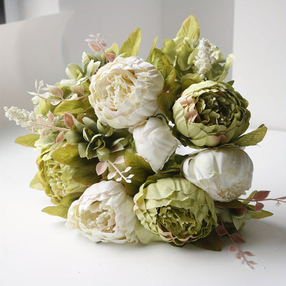 Artificial Flowers Vintage Peony and Hydrangea Bouquet in Beige and Green for Wedding and Home Decor