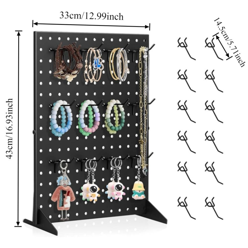 Pegboard Jewelry Display Stand with Iron-Labeled Perforated Panel, Two Feet and 12 Removable Hooks
