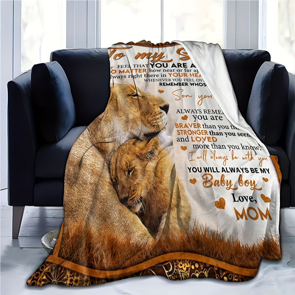 Lion Artwork Throw Blanket with To My Son Message from Mom in 50 x 60 or 60 x 80-Inch Sizes