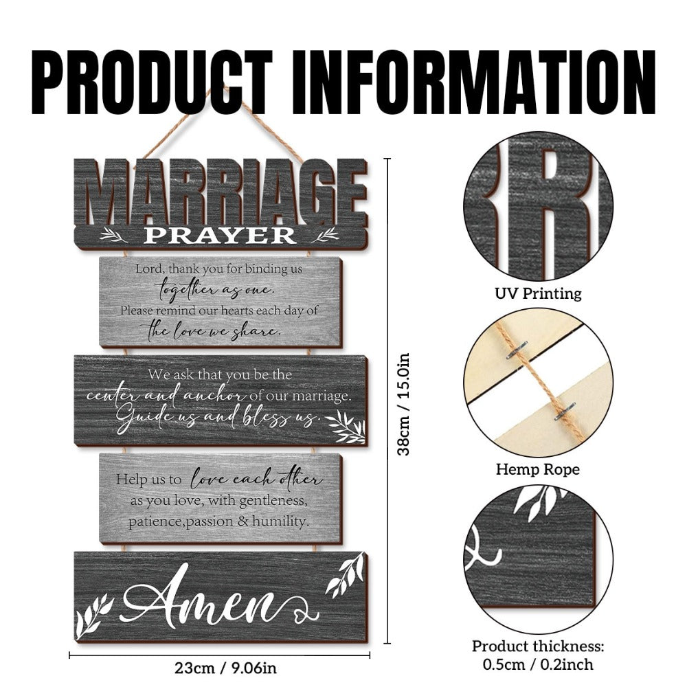 Six-Panel Marriage Prayer Wall Sign Set with Rope Hangers and Rustic Gray Printed Plaque Design
