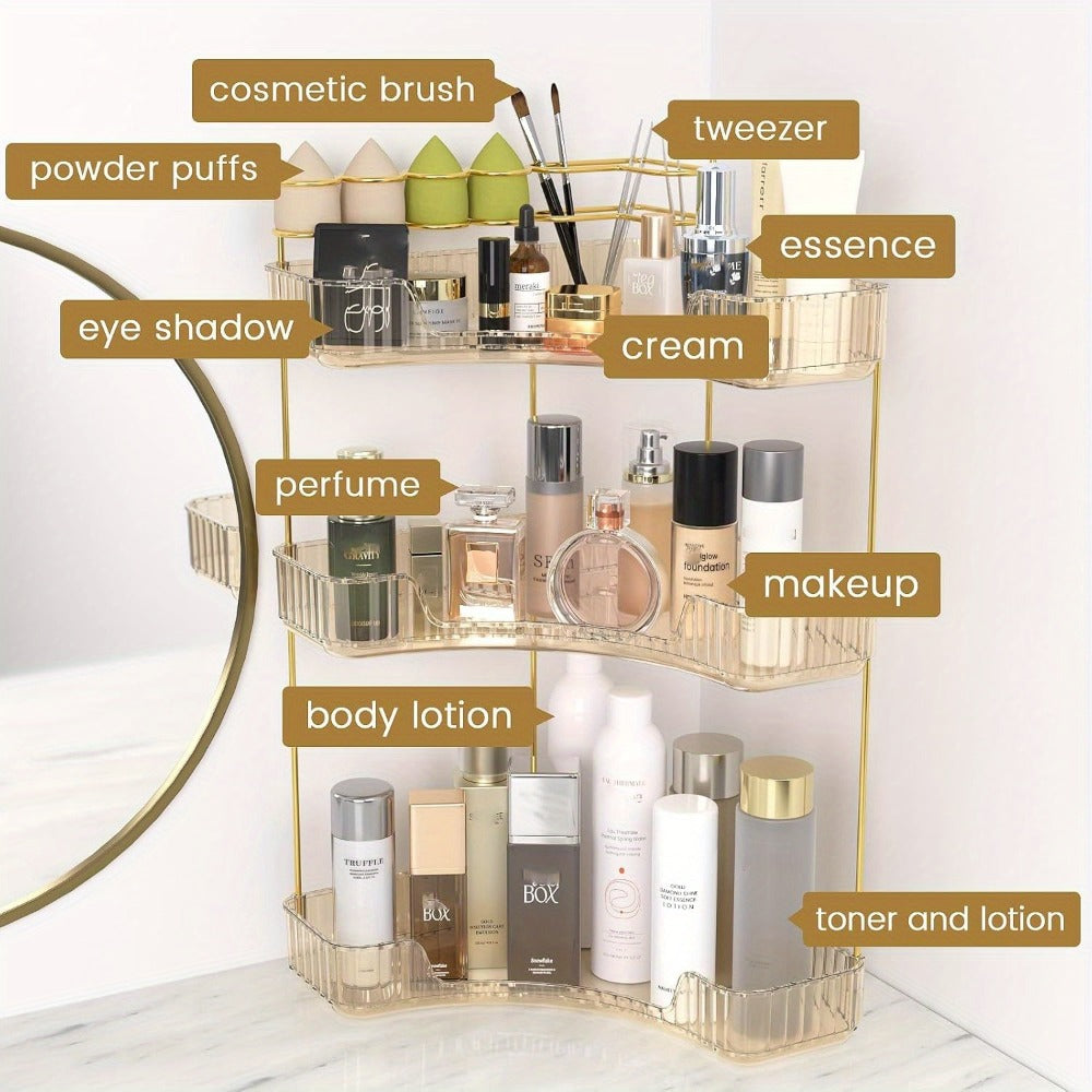 Corner Countertop Bathroom Organizer with 2- or 3-Tier Trays, Brush Rings and Four Color-Style Options