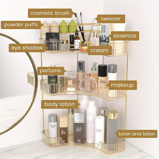 Bathroom Corner Shelf Organizer 2-in-1 Tiered Makeup Skincare Storage with Brush Holder No-Tool Install Space-Saving Countertop Vanity Dresser Kitchen Organizer Women