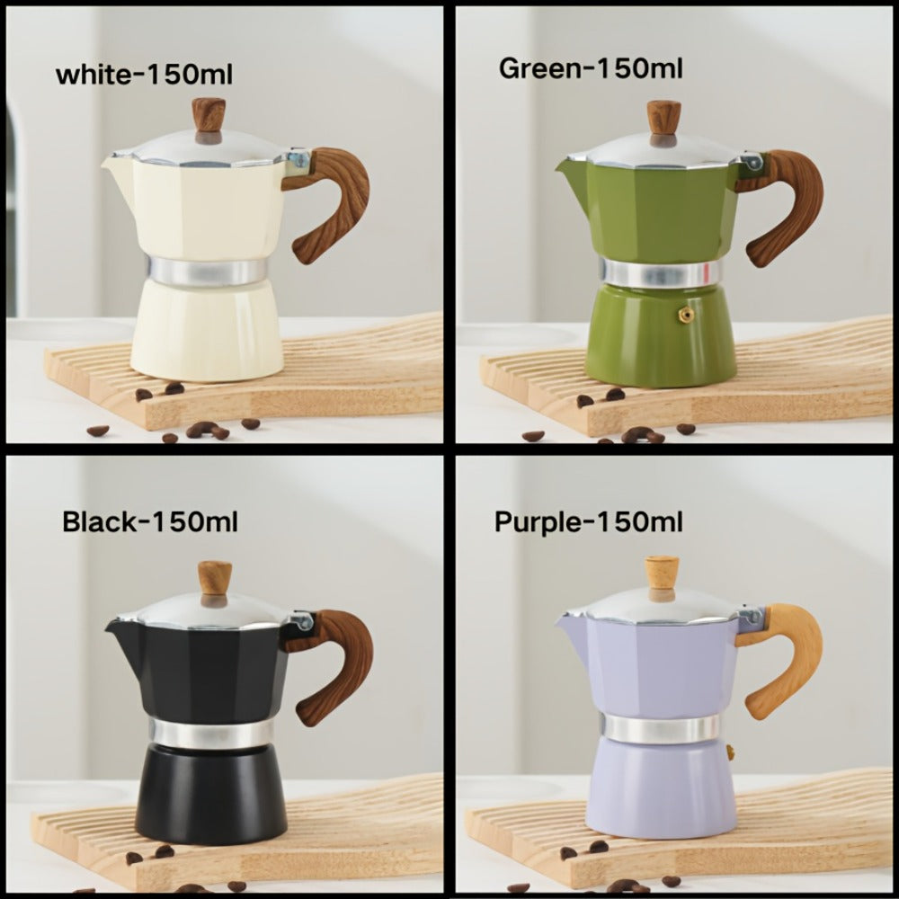 Classic 150ml Stovetop Moka Pot with Faceted Body, Wood-Look Handle and Seven Color Options