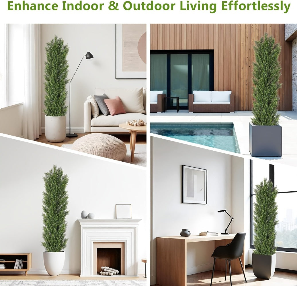 Two-Pack Artificial Cedar Topiary Trees with 4, 5 or 6 ft Height Options and Optional 16-Inch Black Planters
