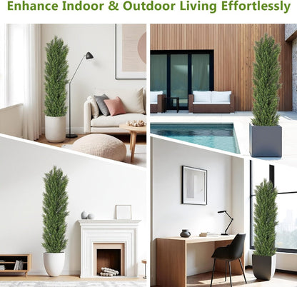 Two-Pack Artificial Cedar Topiary Trees with 4, 5 or 6 ft Height Options and Optional 16-Inch Black Planters