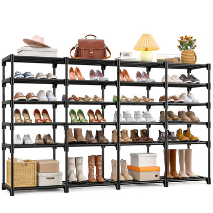 Shoe Rack 4-Row Metal Organizer with 6-Tier 55-Pair or 9-Tier 64-Pair Black Configurations