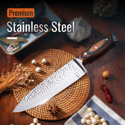 Kitchen Knife Set 15-Piece Hammered Stainless Steel with Steak Knives and Self-Sharpening Wood Block