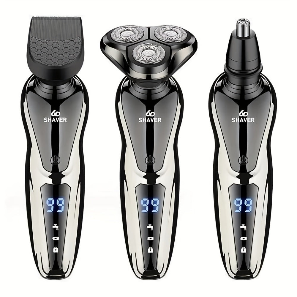 Electric Shaver for Men 3-in-1 Cordless Rechargeable 360° Floating Rotary – Beard Trimmer, Nose Hair Trimmer & Face Shaver with LED Display, 90-Min Battery & USB Charging, Black