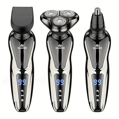 Electric Shaver for Men 3-in-1 Cordless Rechargeable 360° Floating Rotary – Beard Trimmer, Nose Hair Trimmer & Face Shaver with LED Display, 90-Min Battery & USB Charging, Black