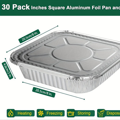 Aluminum Foil Pans 8x8 Inch 30 Pack with Lids Disposable Square Cake Pans, Baking Cooking Freezing & Meal Prep Containers