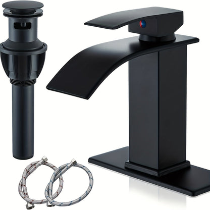 Single-Handle Waterfall Bathroom Faucet with Deck Plate, Drain Options and Single or Two-Piece Finishes