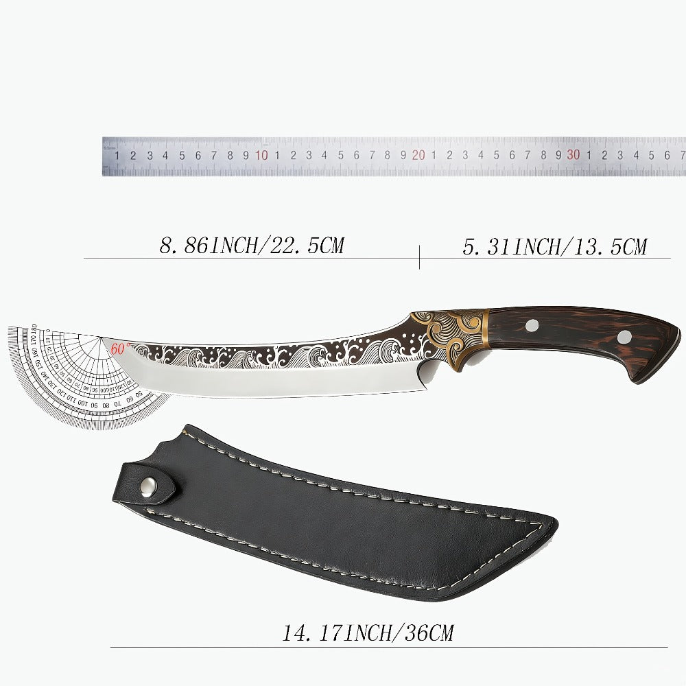 8.86-Inch Carving Knife with Patterned High-Carbon Steel Blade, Full-Tang Wood-Look Handle and Brown Sheath