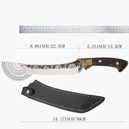 8.86-Inch Carving Knife with Patterned High-Carbon Steel Blade, Full-Tang Wood-Look Handle and Brown Sheath