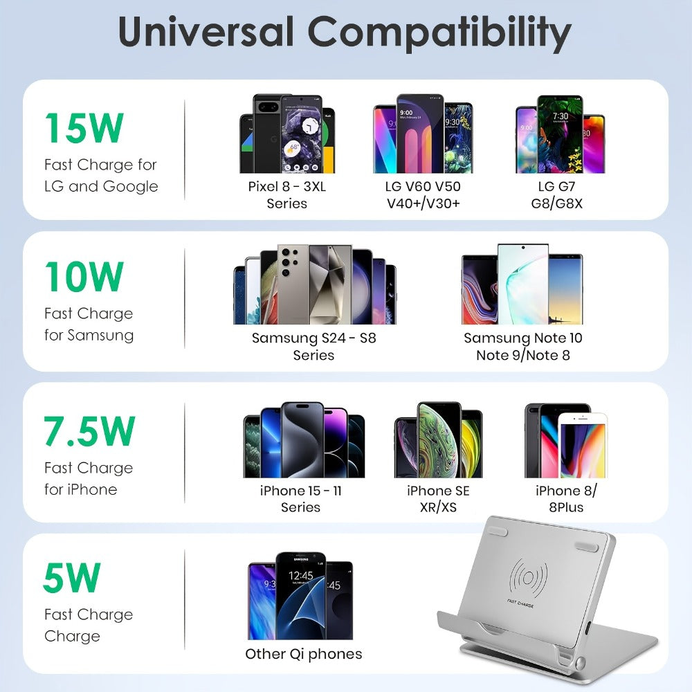 360° Rotatable Wireless Charger Phone Stand 15W Zinc Alloy Hands-Free Holder for Google Pixel 9 Pro XL 8a 8 Pro 7a 7 Pro, Samsung Galaxy S24 Ultra S23 S22, iPhone 16 15 14 13 12 All Qi Android – Silver