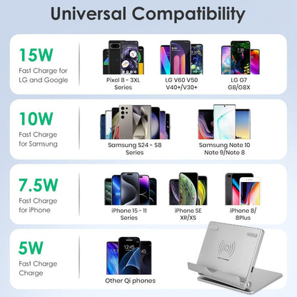 360° Rotatable Wireless Charger Phone Stand 15W Zinc Alloy Hands-Free Holder for Google Pixel 9 Pro XL 8a 8 Pro 7a 7 Pro, Samsung Galaxy S24 Ultra S23 S22, iPhone 16 15 14 13 12 All Qi Android – Silver