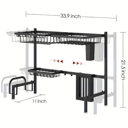 Over-Sink Dish Drying Rack Kitchen Organizer, 30-33.9-Inch Two-Tier Frame with Seven Removable Accessories