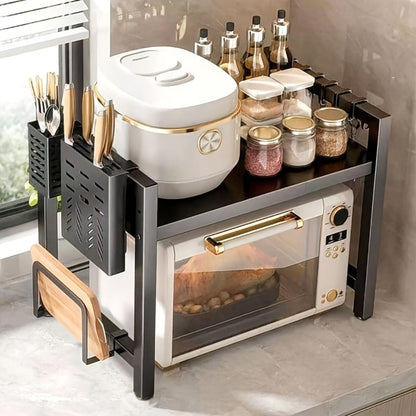 Microwave Stand Kitchen Organizer Extendable Black Iron Countertop Shelf for Cookware, Bowls and Cups
