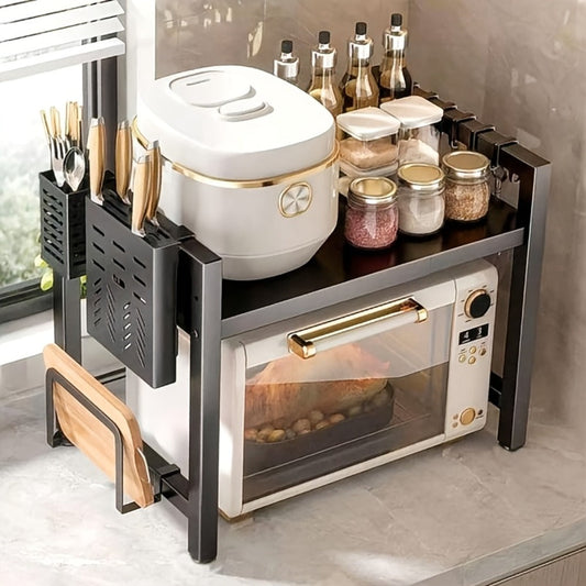 Microwave Stand Kitchen Organizer Extendable Black Iron Countertop Shelf for Cookware, Bowls and Cups