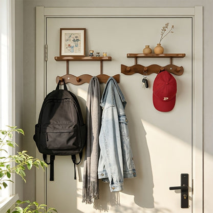 Coat Rack Wall Mounted Wood-and-Metal Organizer with Upper Shelf and 4 or 8 Hooks for Entryway Storage