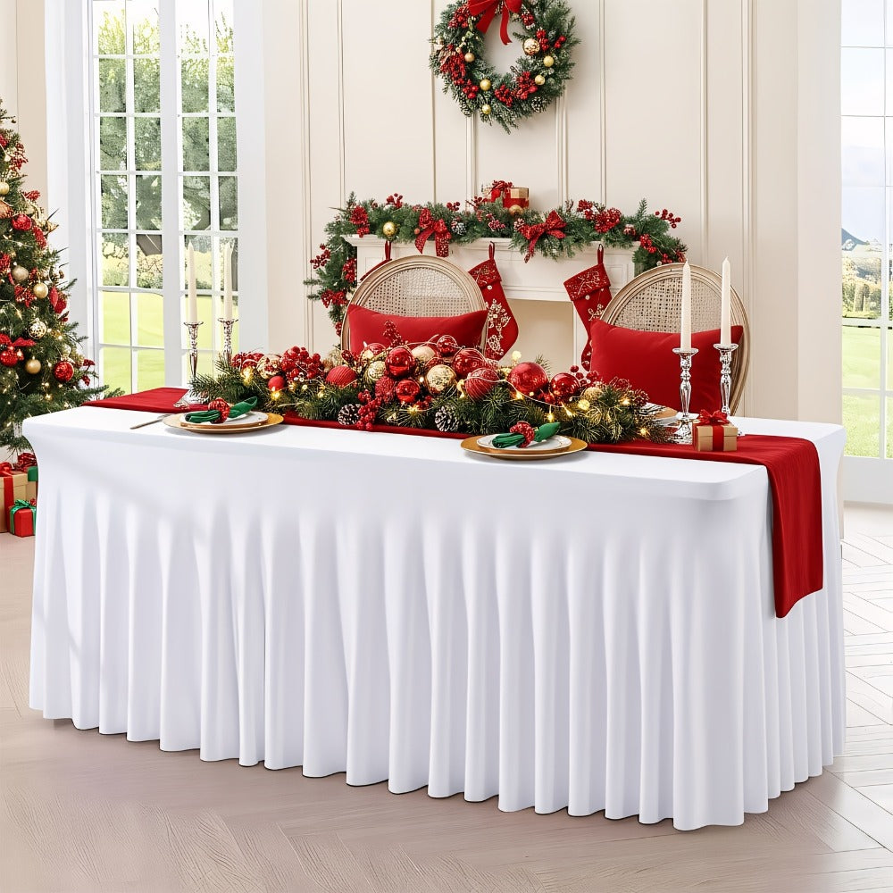 Pleated Rectangle Table Skirts in Black or White with One-, Two- or Four-Piece and Four-Foot Options