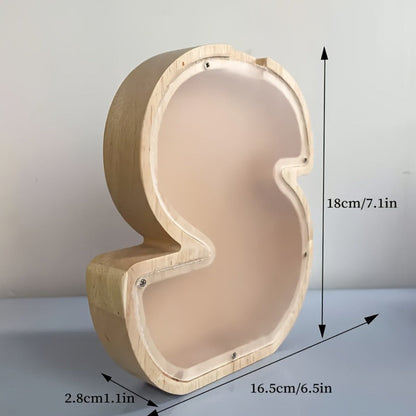 Wooden Alphabet Letter Coin Bank with Clear Front Panel, Top Slot and Eight Initial Options for Home Decor
