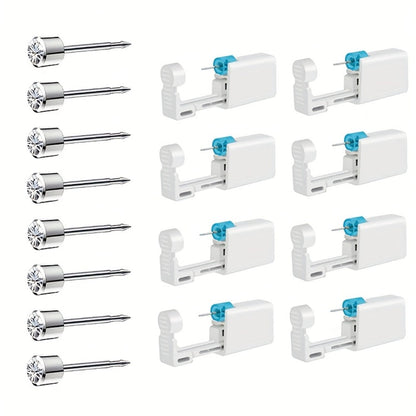Disposable Ear Piercing Gun Set 8pcs - Stainless Steel Ear Stud Piercing Tool Kit, Safe Portable Self-Piercing Device with Hypoallergenic Earrings for Home Use, Silver & Gold