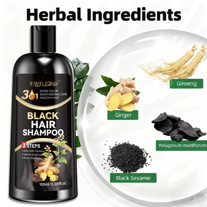 Hair Dye Shampoo, YANYUTONG 100ml Black 3-in-1 Bottle with Three-Step Package Directions for Home Use