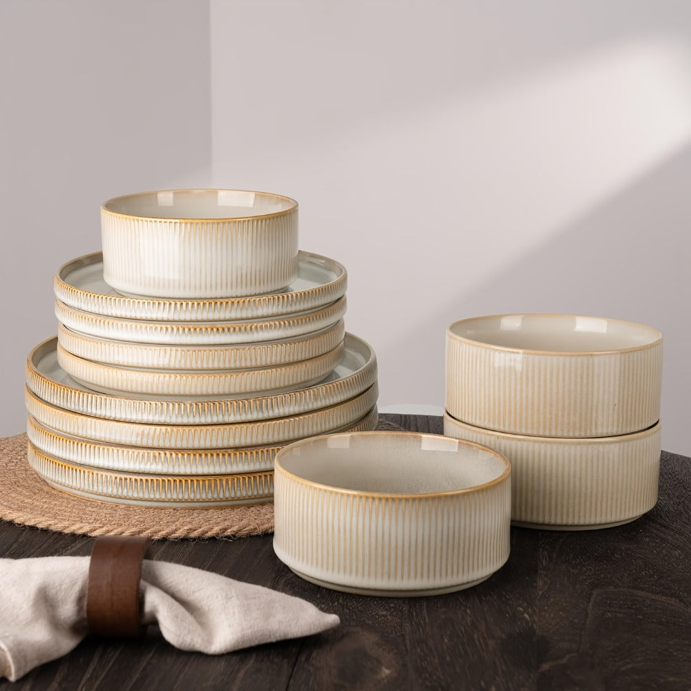 12-Piece Ribbed Dinnerware Set for Four with Dinner Plates, Salad Plates and Cereal Bowls in Two Cream Tones