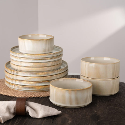 12-Piece Ribbed Dinnerware Set for Four with Dinner Plates, Salad Plates and Cereal Bowls in Two Cream Tones