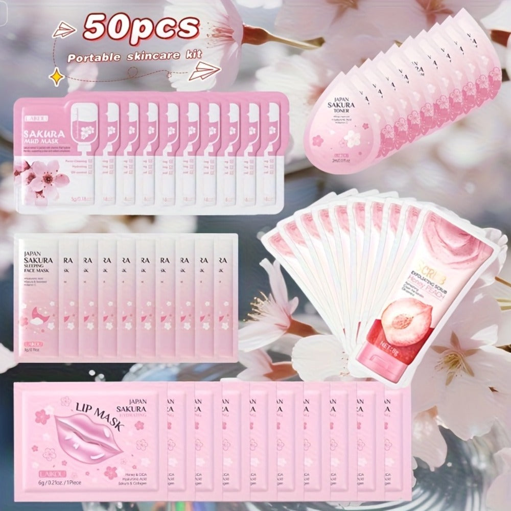 Skincare Set with LAIKOU Label, 50 Sakura Sachets Across Mud Mask Sleep Mask Scrub Lip Mask and Toner
