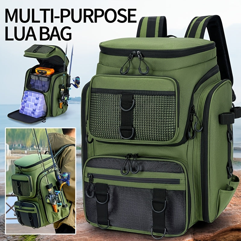 Black Camouflage Fishing Backpack with Twin Shoulder Straps, Front Zip Compartments and Side Rod Loops