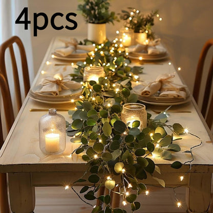 String Lights, Four-Piece Eucalyptus Leaf Wreath Set with 20 Warm LEDs per Strand and Battery Power