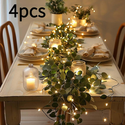 String Lights, Four-Piece Eucalyptus Leaf Wreath Set with 20 Warm LEDs per Strand and Battery Power