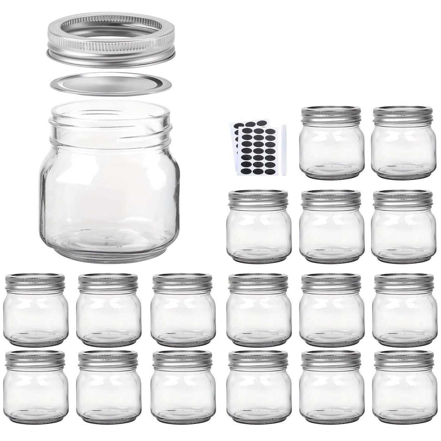 8 oz Glass Mason-Style Storage Jar Multipacks with 9, 18, 27 or 36 Jars and Four Lid Configurations