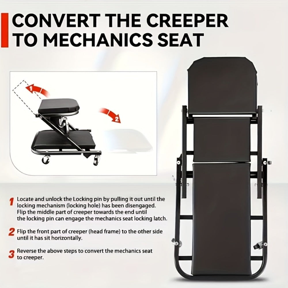 Rolling Mechanic Creeper Stool 300 lb – Foldable Z-Shape 3-in-1 Crawler Seat & Sliding Work Stool with 6 Swivel Casters, Thick Padded Cushion, for Car Truck Motorcycle Repair (Red / Grey)