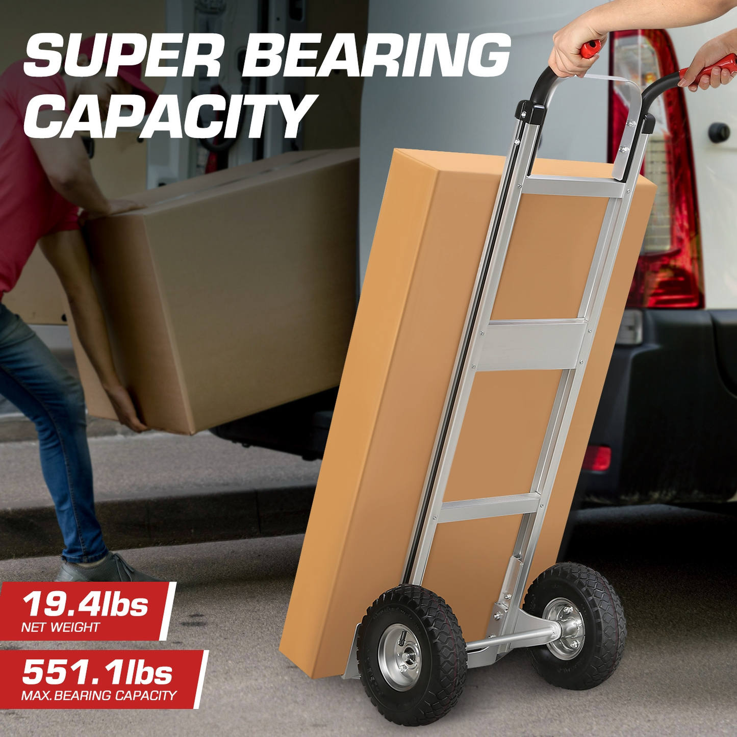 Upright Aluminum Hand Truck with Folding Toe Plate, 10-Inch Pneumatic Tires and 550 lb Load Label