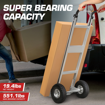 Upright Aluminum Hand Truck with Folding Toe Plate, 10-Inch Pneumatic Tires and 550 lb Load Label