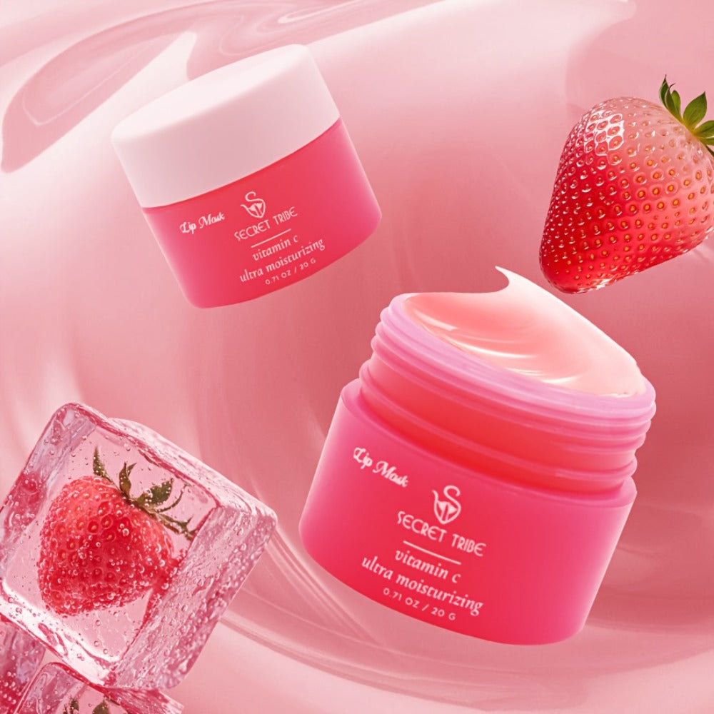 Three-Piece Lip Care Set with Lip Mask, Balm, Scrub and Brush in Strawberry and Peach-Labeled Format