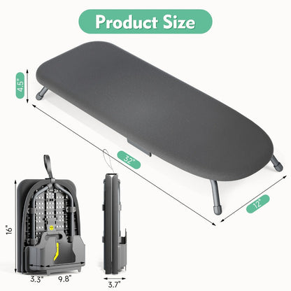 Compact Tabletop Ironing Board with Fold-Out Iron Holder in Blue, Pink or Black Cover Options