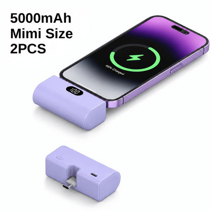 Mini Power Bank 5000mAh USB-C Foldable Plug Built-in Cable 10W Fast Charge LED Display Compact Portable Charger for iPhone 15 16 17 Samsung Android – Black White Pink Purple Green (1pc/2pcs)