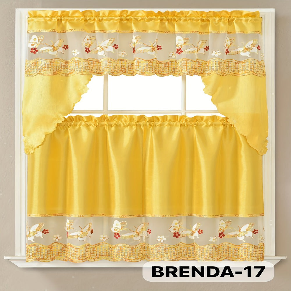 Three-Piece Patterned Kitchen Curtain Set with One Valance, Two Tiers and Forty-Six Exact Design Options