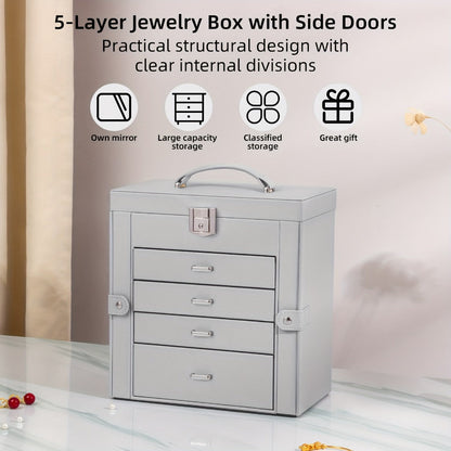 Large Jewelry Box 5-Tier PU Leather Organizer with Lock & Mirror – Storage Case for Bracelets, Earrings, Rings & Necklaces