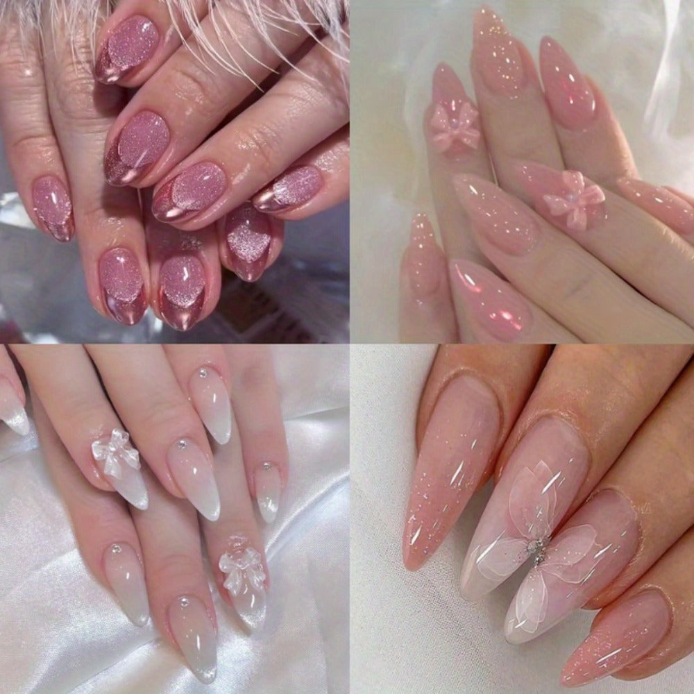 Ice Pink Almond Press On Nails 96 Pieces 4 Packs – Gradient Flower Butterfly Glossy Full Cover False Nails for Women Girls | Shiny Nail Tips Daily Wear Spring Summer Bridal Wedding Nail Art Kit