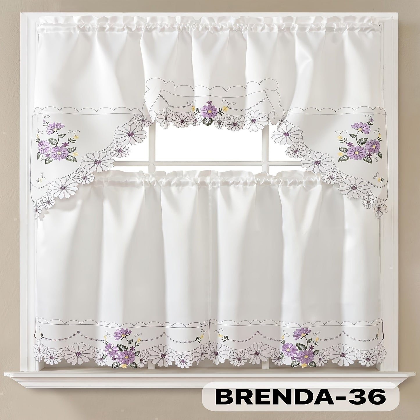 Three-Piece Patterned Kitchen Curtain Set with One Valance, Two Tiers and Forty-Six Exact Design Options