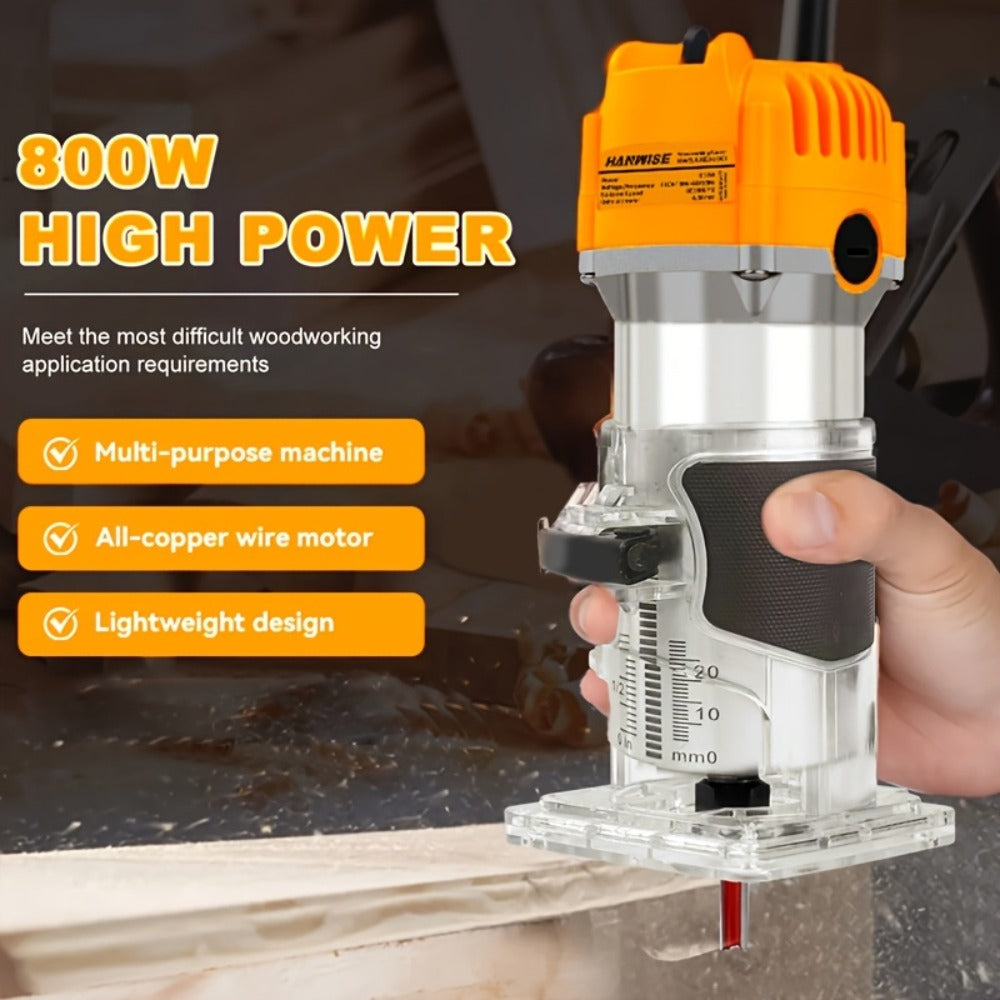 Wood Router 800W 35000 RPM Compact Electric Router Tool | 15-Piece 1/4" Bit Set for DIY Woodworking, Edge Trimming, Slotting, Carving & Contour Processing – Variable Speed Rotary Tool