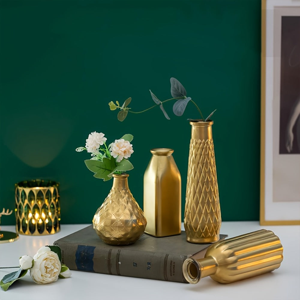 Gold-Tone Glass Bud Vases, Four- or Eight-Piece Mixed Art Deco Bottle Set for Tables and Centerpieces